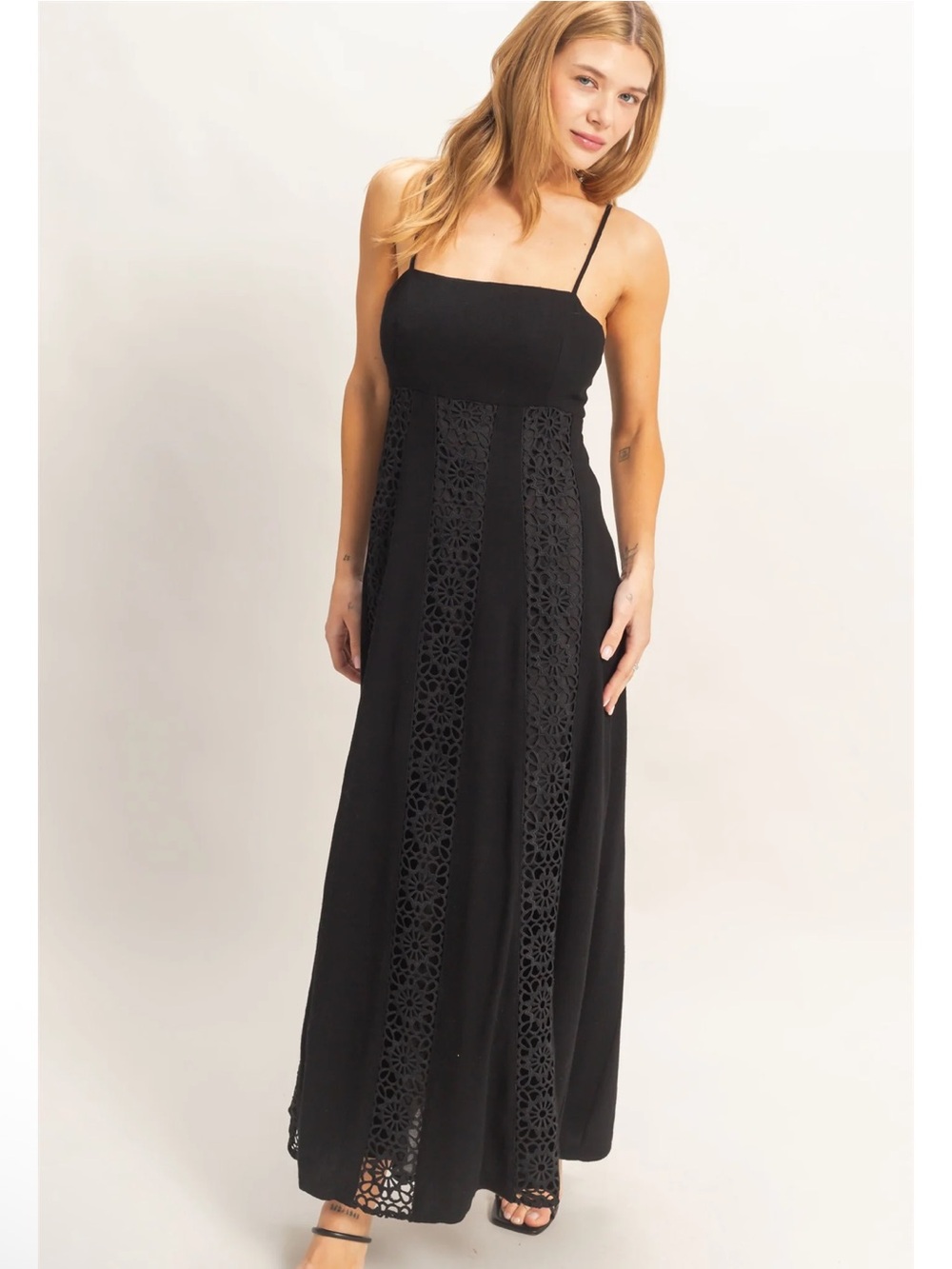 NEW HYFVE Black Linen Blend Lace Panel Maxi Dress – Large